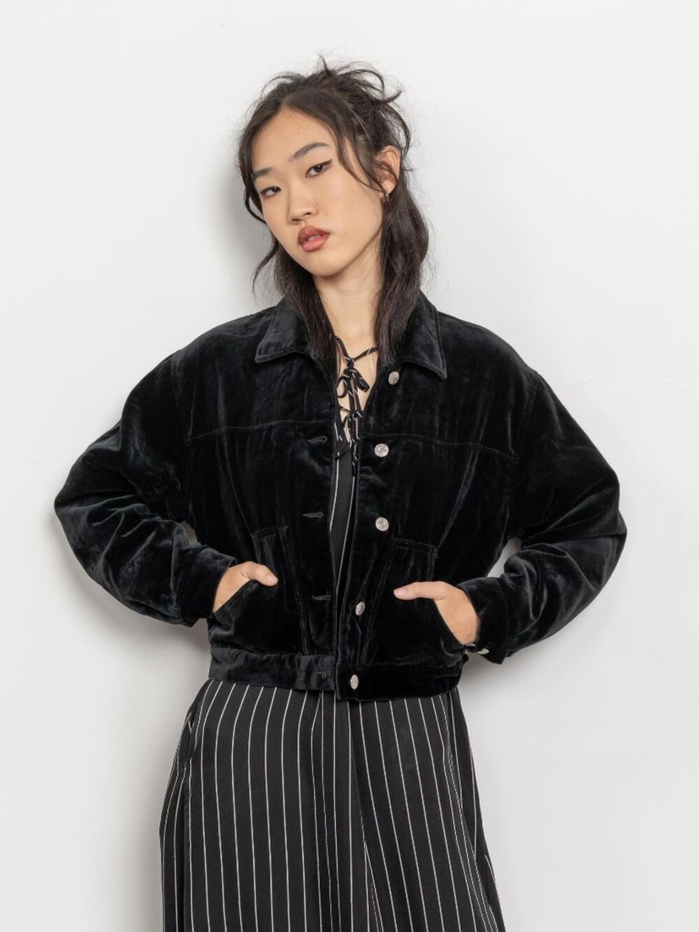 Vintage 90's Black Velvet Jacket: Cropped, Long Sleeves, Quilted Lining